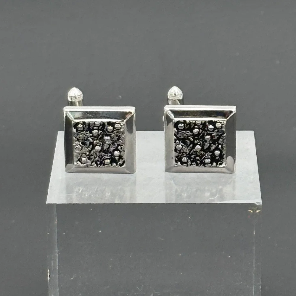 Silver Tone Square Textured Black Pebbled Inlay Bullet Back Cufflinks Mens